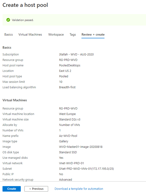 Deploy a Windows Virtual Desktop Host pool with the custom image