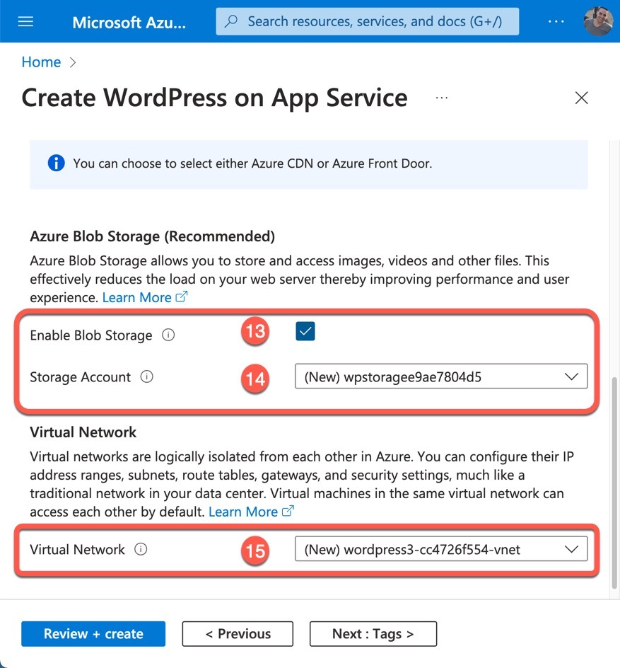 Create WordPress on App Service – Storage & Network