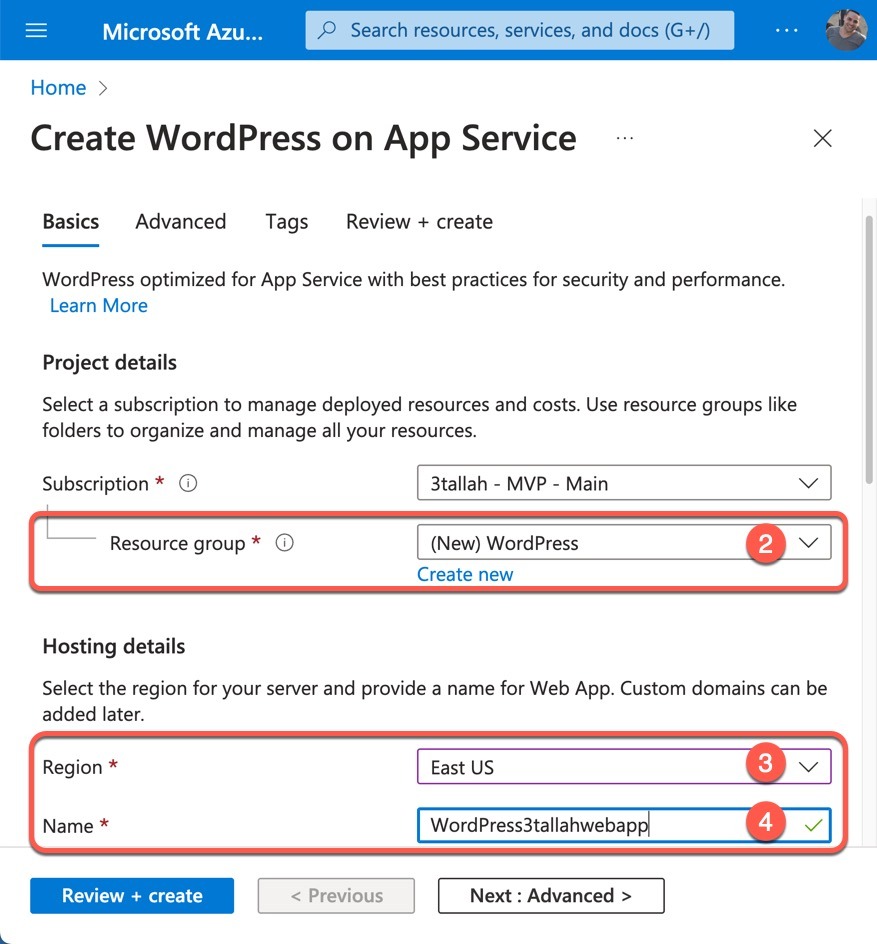 Create WordPress on App Service – Project details