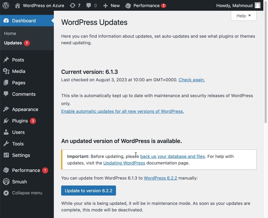 Go to the WordPress admin page on Azure
