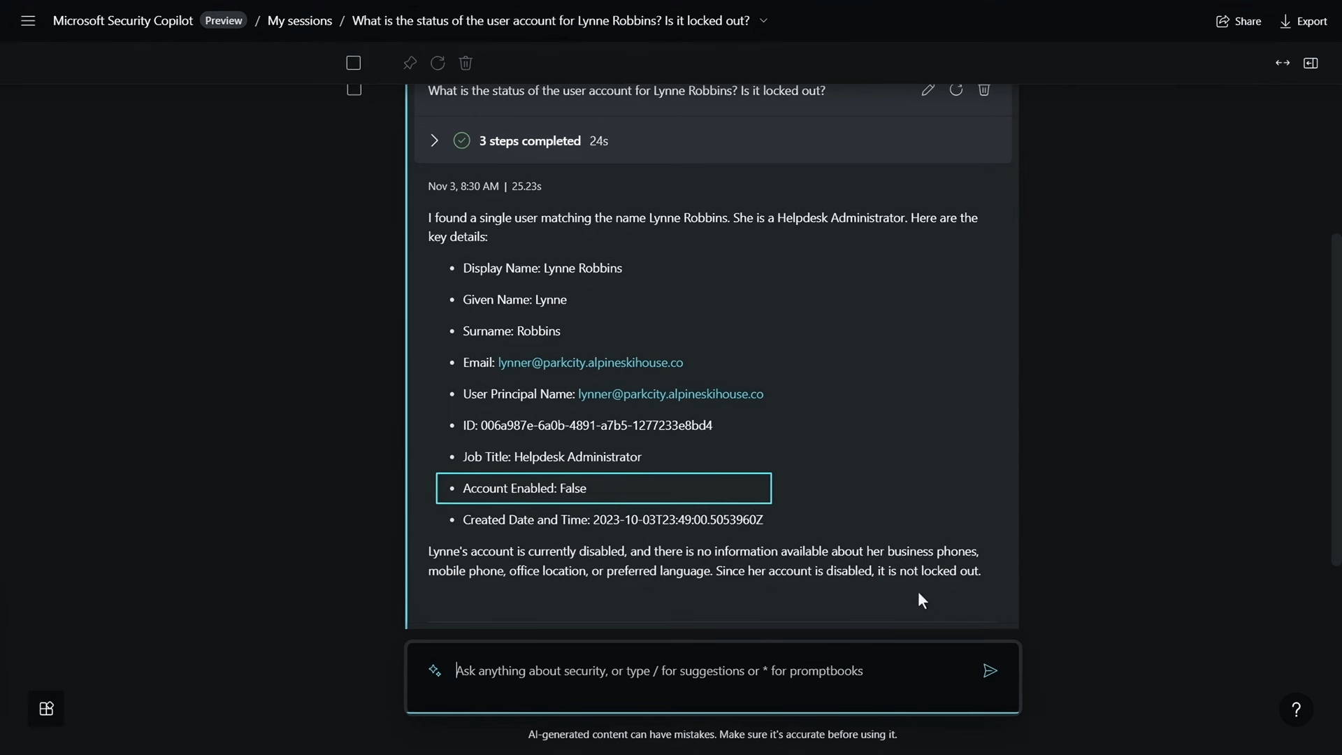 Microsoft Security Copilot - Account is Disabled